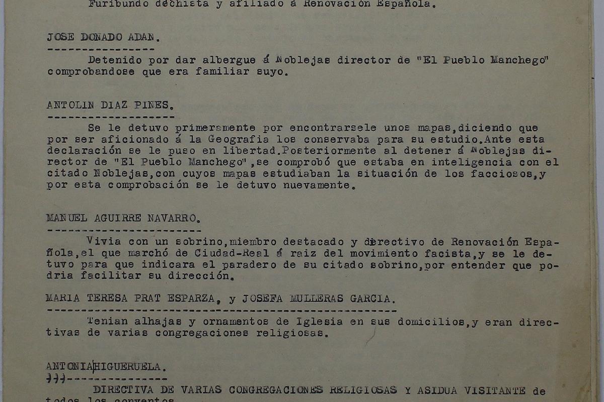 Junta de Comunitats de Castella-la Manxa/Arxiu Històric Provincial de Ciudad Real. Pàgina dels informes sobre filiació política. Signatura 119906. Data: 1936-1939 (aprox.)