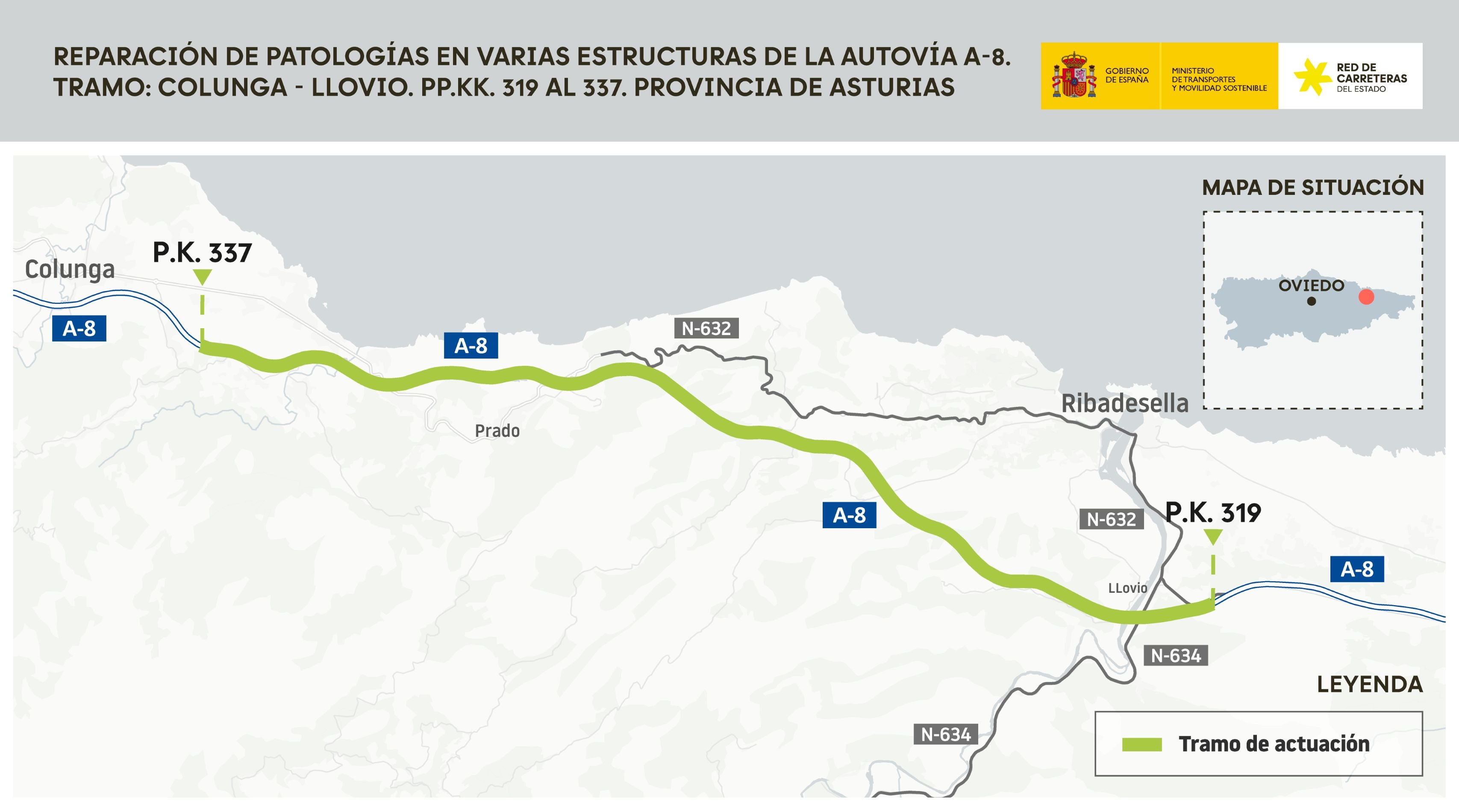 Transportes licita por un millón de euros la rehabilitación de varias estructuras de la A-8 entre Colunga y Llovio