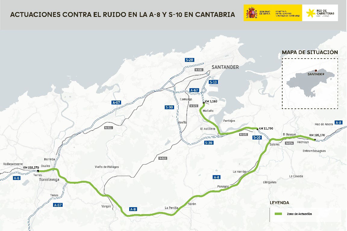 Mapa con las actuaciones contra el ruido previstas en la A-8 y la S-10