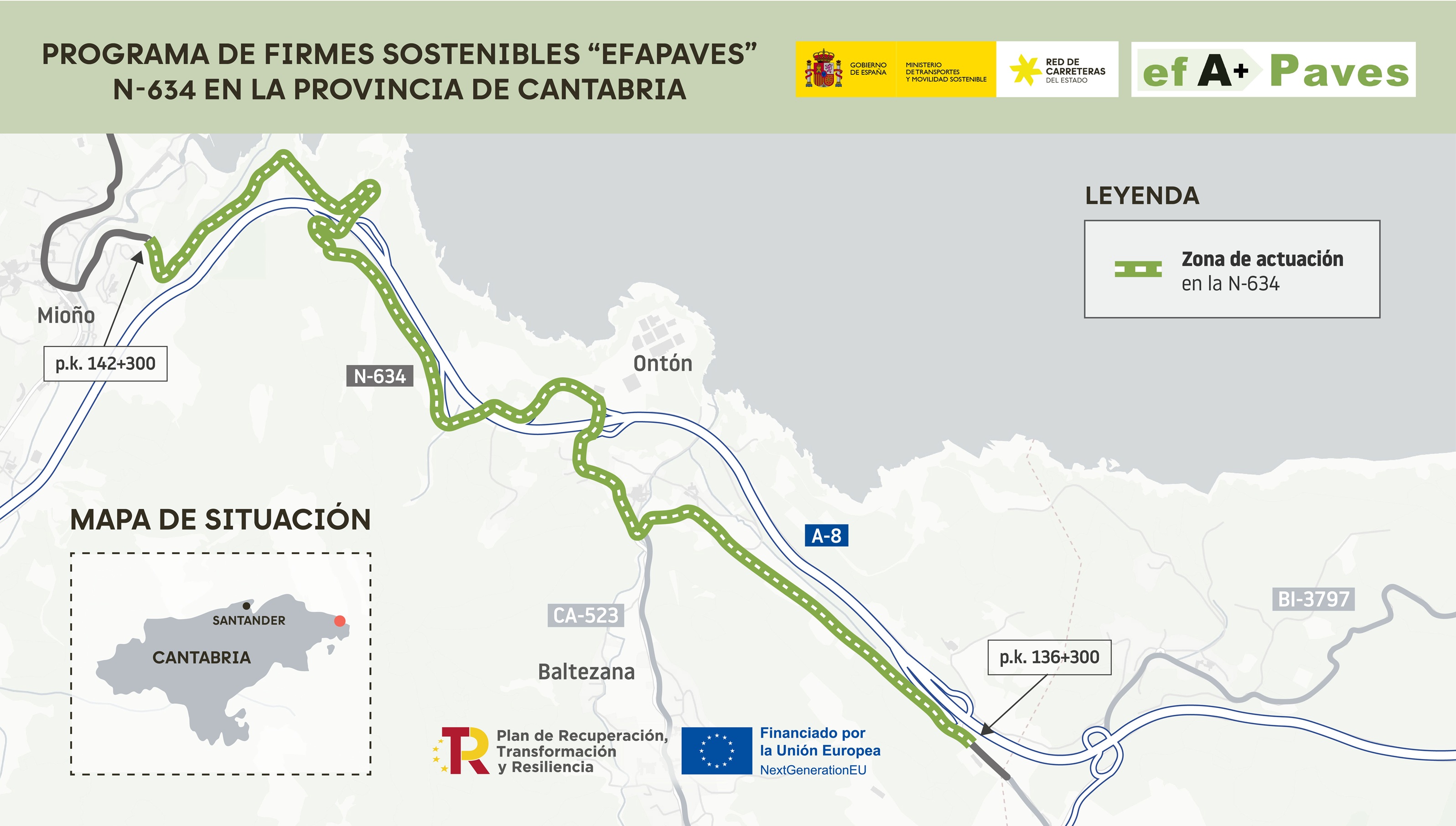 Plano que muestra el tramo de carretera donde tendrá lugar la actuación