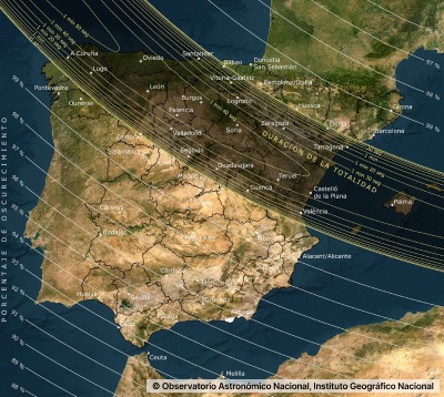Trayectoria del eclipse total de sol. Imagen del IGN