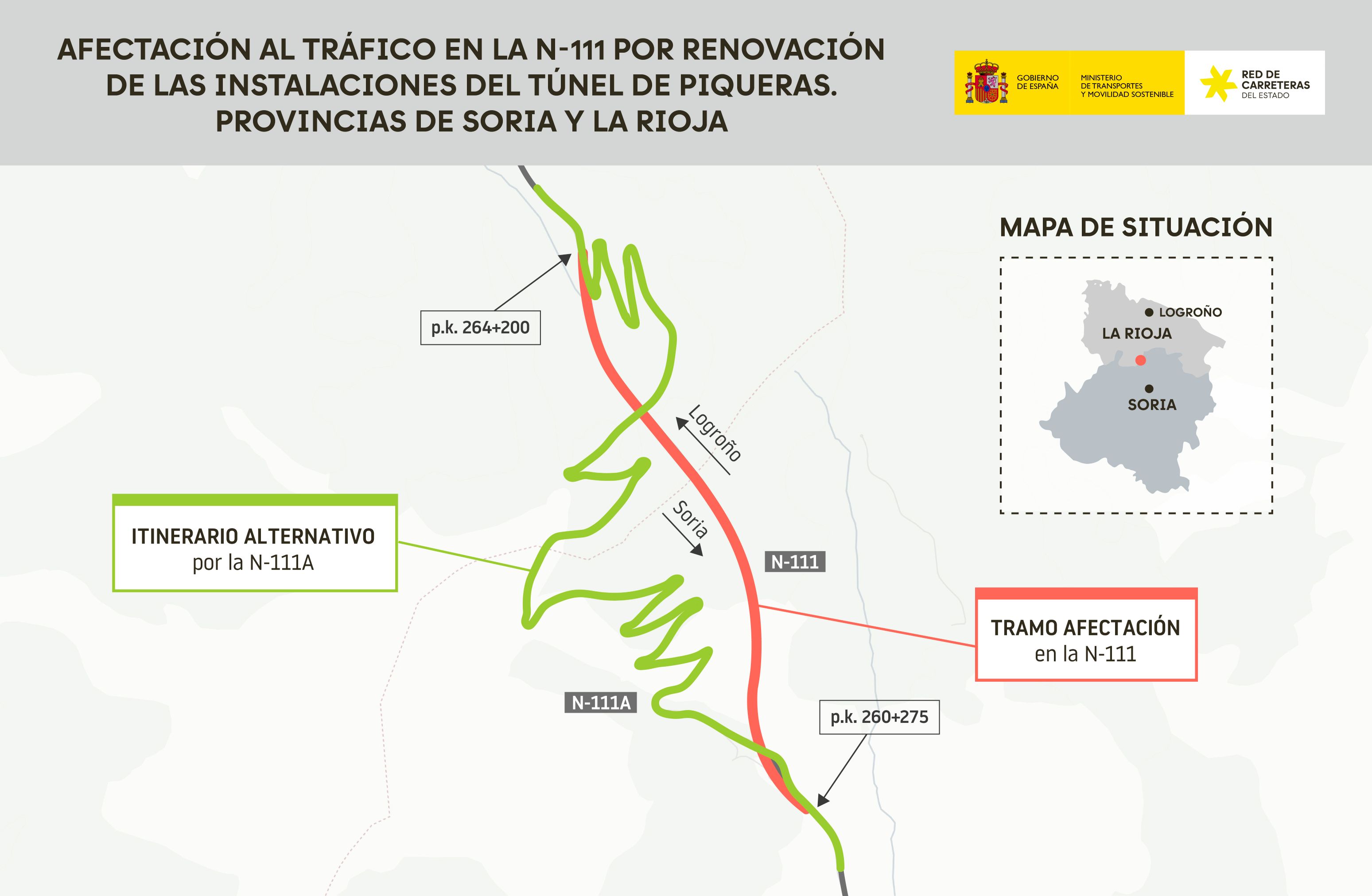 Mapa de las obras y zona de cortes de carretera en N-111