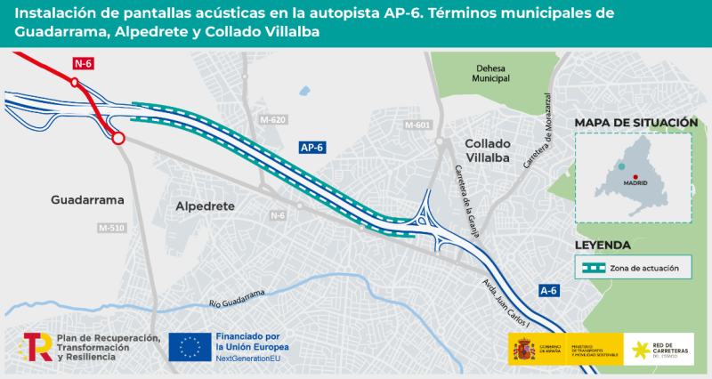 Transportes licita por 1,2 millones de euros la instalación de pantallas acústicas para mitigar el ruido en la AP-6 en Madrid