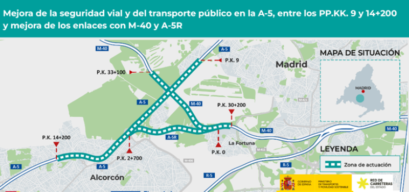 Transportes licita por 5,28 millones de euros el proyecto para mejorar la seguridad y fomentar el transporte público en la A-5, entre Alcorcón y Madrid