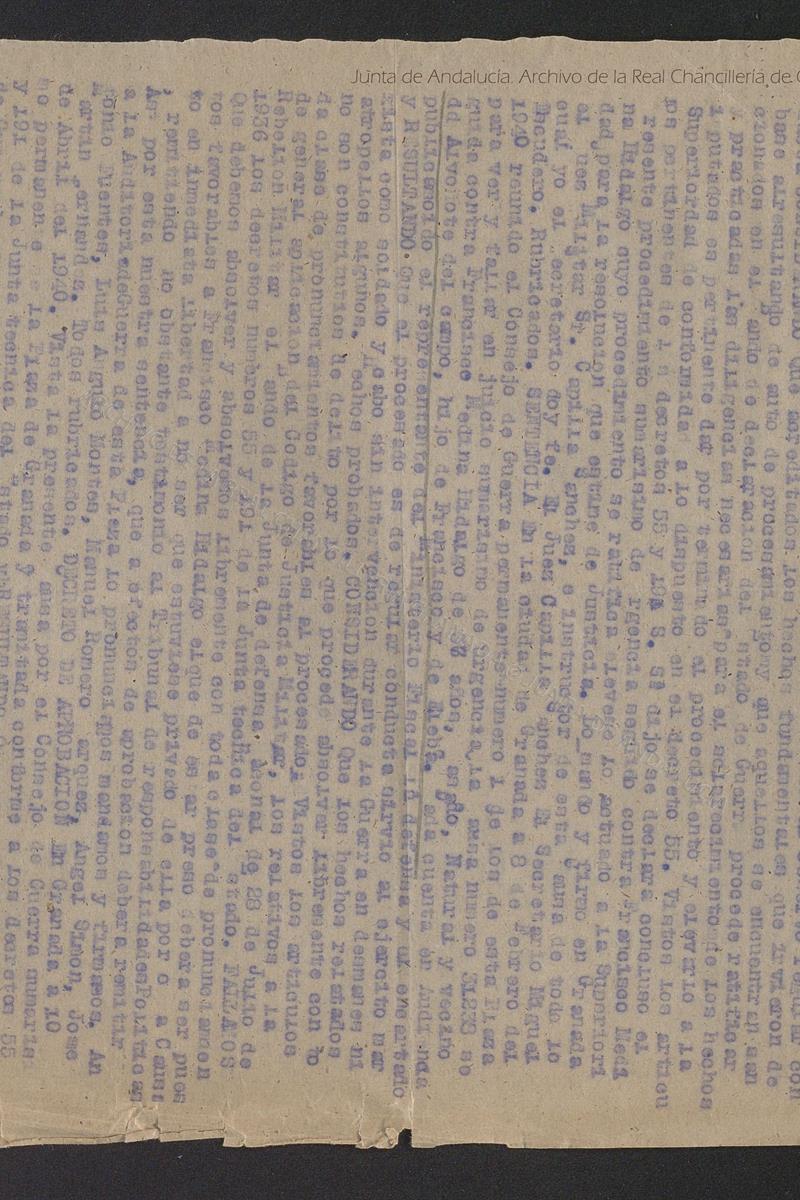 Certificate of the sentence of the War Council against Fernando Vallecillos Beas. Archive of the Royal Chancellery of Granada (1940-1946). Signature ES.18087.ARCHGR/067JIIGU/D0995//C25893-011