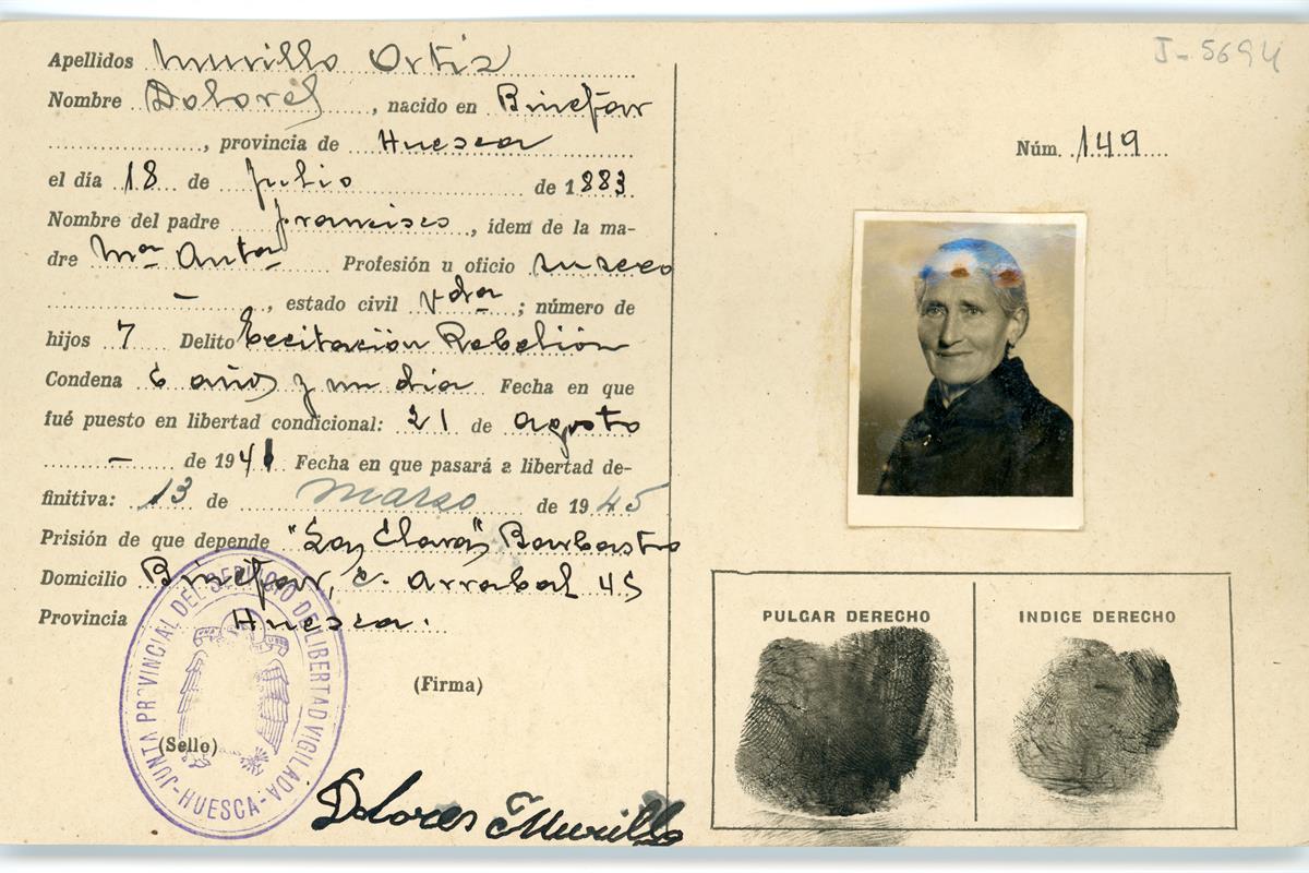 File of the fund of the Probation Service corresponding to Dolores Murillo Ortiz. Provincial Historical Archive of Huesca . AHPHU_J_05694_0003