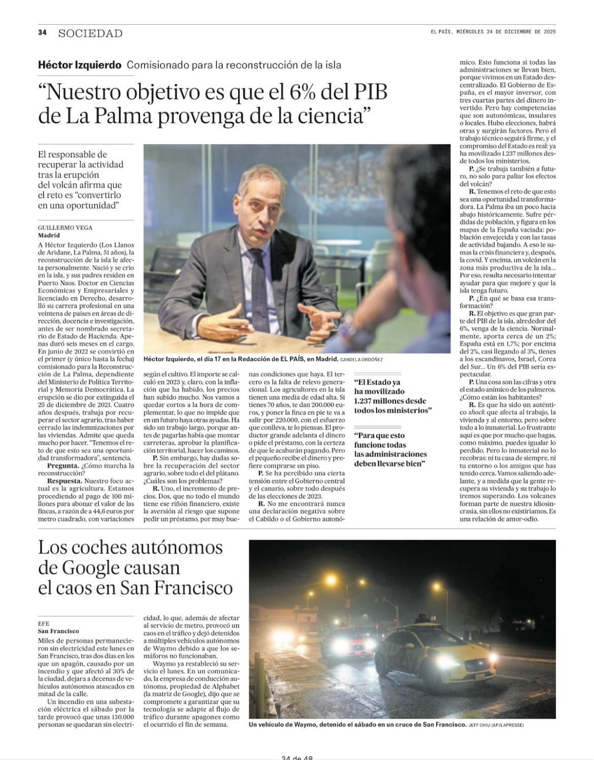 Interview Commissioner Reconstruction La Palma in El País