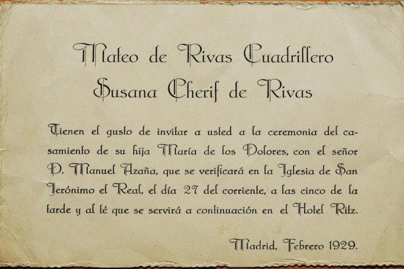 Invitación a la boda de Manuel Azaña con Dolores de Rivas Cherif Invitación a la boda de Manuel Azaña con Dolores de Rivas Cherif