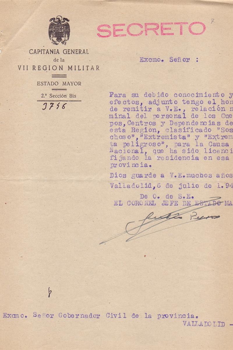 Estremista eta estremista arriskutsuak gainbegiratzea. Valladolideko Probintziako Artxibo Historikoa. AHPVa signatura, Gobernu Zibila, 20