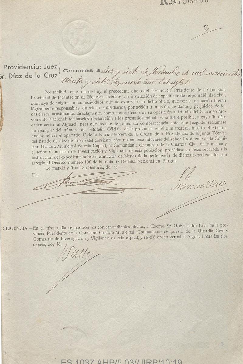 Erantzukizun Politikoen Instrukzio Epaitegiko/Eskualdeko Auzitegiko funtsaren espedientea. Caceresko Probintziako Artxibo Historikoa. ES.1037.AHP/5.03/JIRP/10:19