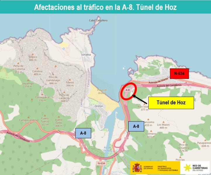 Afectacións ao tráfico na autovía A-8 por obras de modernización do túnel de Fouce