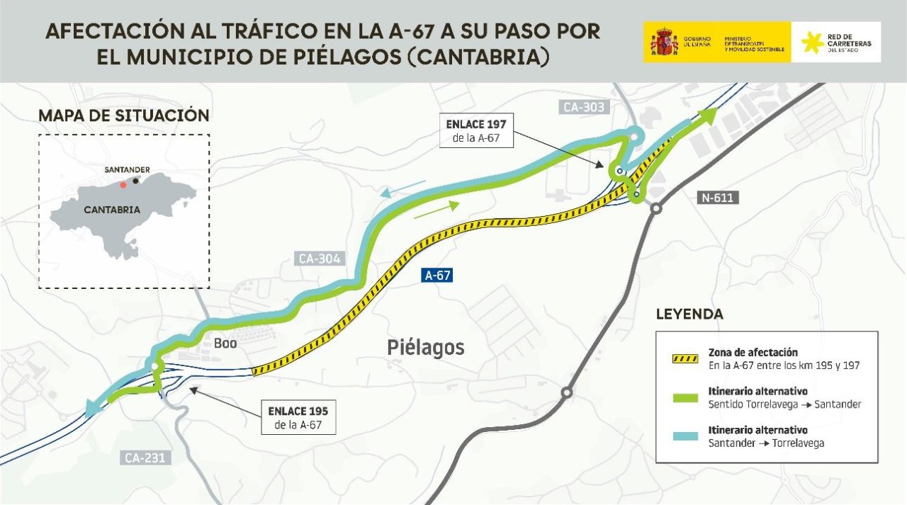 Mapa coa afectación ao tráfico na A-67 ao seu paso polo municipio de  Piélagos