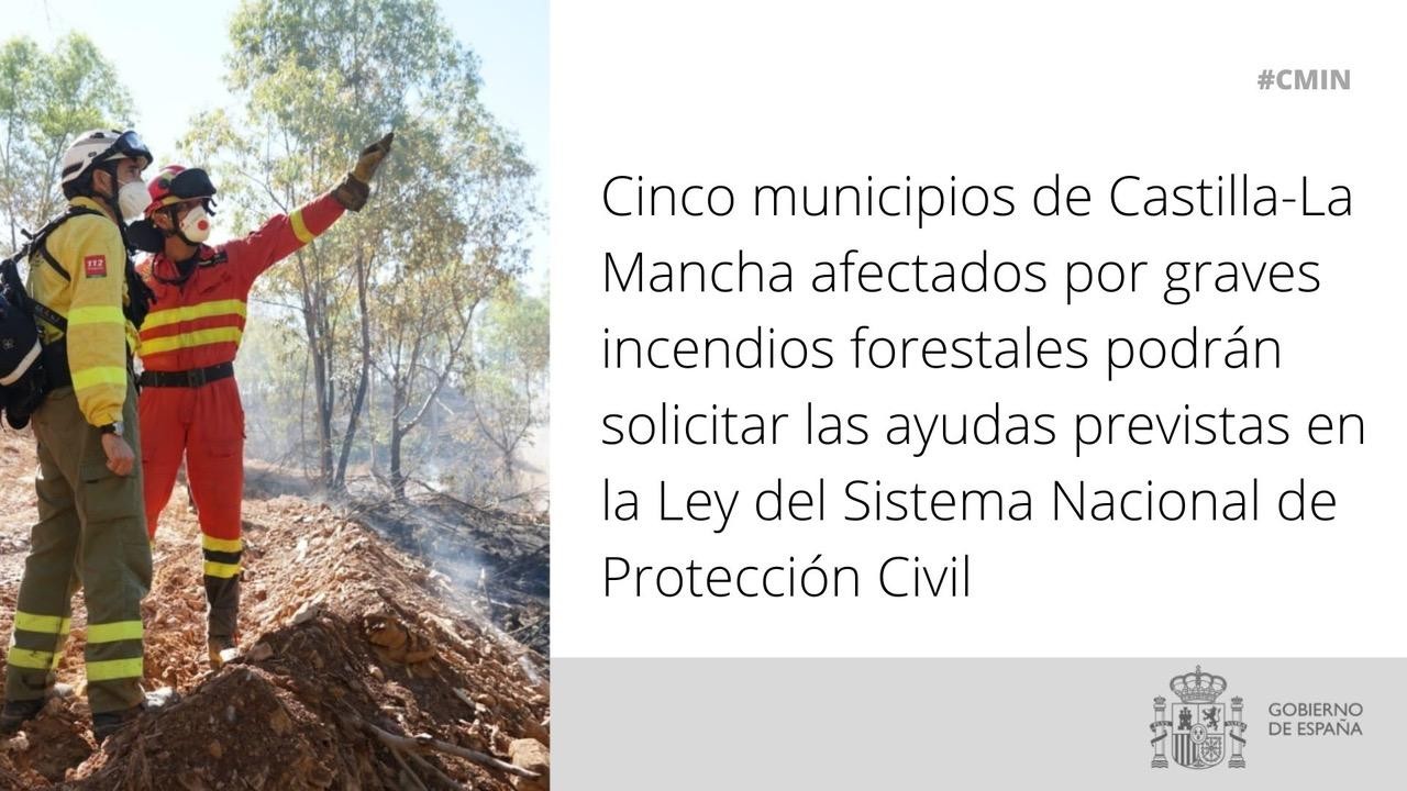 Cinco municipios de Castela-A Mancha afectados por graves incendios forestais poderán solicitar as axudas previstas na Lei do Sistema Nacional de Protección Civil