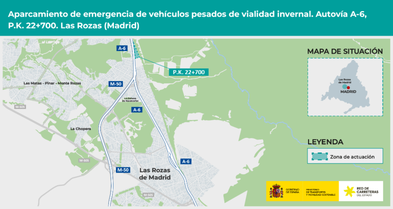 Transportes aprueba provisionalmente el proyecto de trazado de un nuevo aparcamiento de emergencia para vehículos pesados en la A-6 en Las Rozas