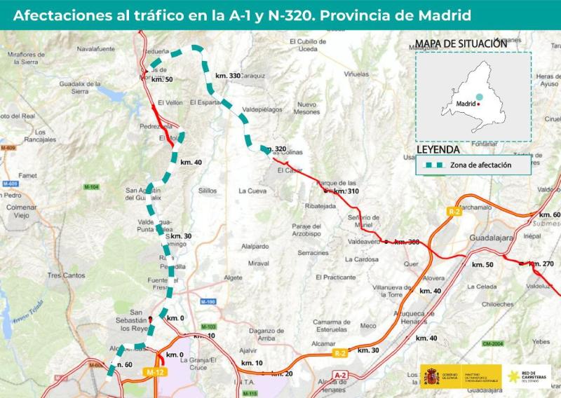 Transportes inicia as obras de reparación de firmes na A-1, entre Sanchinarro e El Molar ; e na N-320, entre Venturada e El Casar 