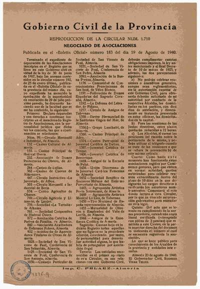 Reprodución da circular número 1710, na que se reflicten as Asociacións con dereito ou non a continuar rexistradas no Rexistro de Asociacións unha vez finalizado o correspondente expediente de depuración. Almería, 20 Agosto 1940. AHPAL 4236-9