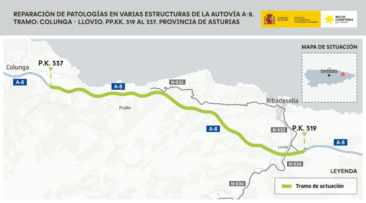 Transportes licita por un millón de euros la rehabilitación de varias estructuras de la A-8 entre Colunga y Llovio 