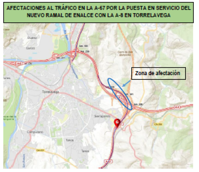 Afectaciones al tráfico en la autovía A-67 por las obras para poner en servicio el nuevo ramal de enlace con la A-8, en Torrelavega