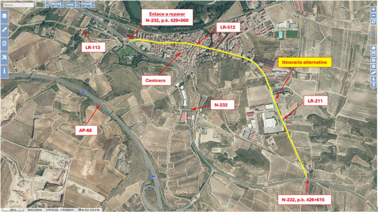 Afectaciones al tráfico por obras de mejora de firme en el enlace de Cenicero de la N-232