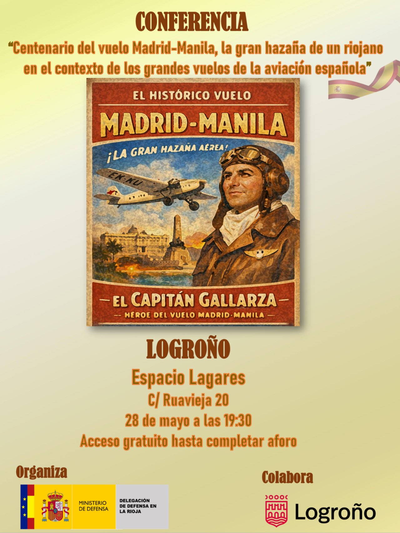 Cartel de la conferencia sobre el capitán Gallarza el 28 de mayo de 2026 en Logroño