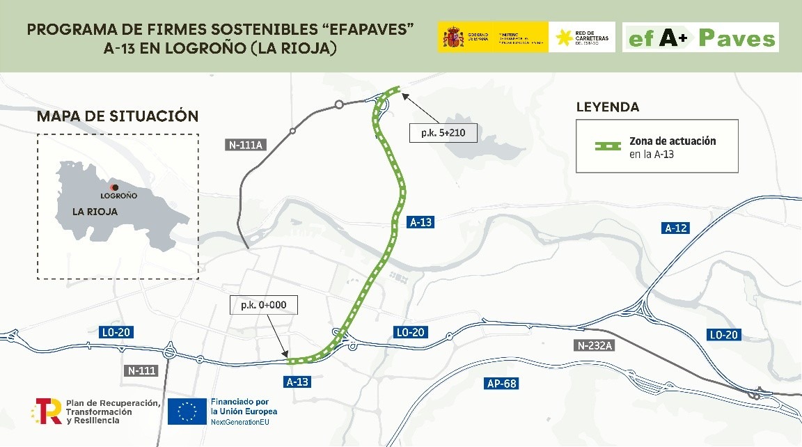 Mapa de obras de la rehabilitación de firmes de 5,2 kilómetros de la A-13 en Logroño (La Rioja)