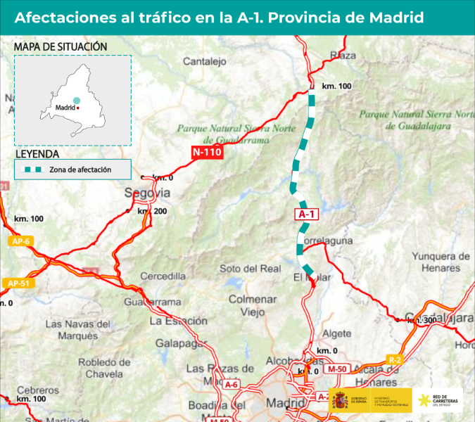 Transportes inicia las obras de reparación de firmes en la A-1, entre Pedrezuela y Santo Tomé del Puerto