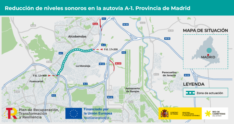 Transportes adjudica por 9,84 millones de euros la instalación de pantallas acústicas en la A-1 entre La Moraleja y Alcobendas