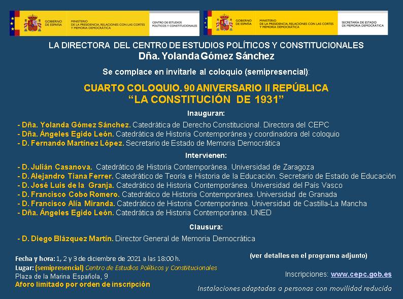 Cuarto Coloquio 90 Aniversario de la II República Cuarto Coloquio 90 Aniversario de la II República