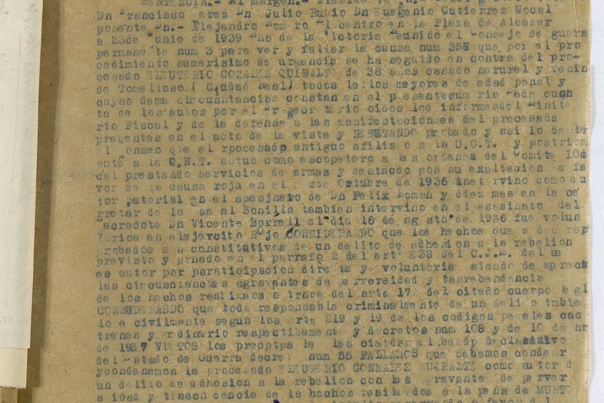 Junta de Comunidades de Castilla-La Mancha/Archivo Histórico Provincial de Ciudad Real. Expedientes de responsabilidades políticas. Certificado de la sentencia de Eleuterio González Quiralte.. Signatura 121813. Fecha: 1944