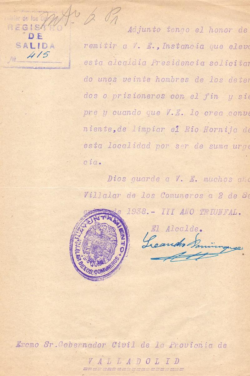 Trabajo forzado de los prisioneros. Archivo Histórico Provincial de Valladolid. Signatura AHPVa, Gobierno Civil, 85/71