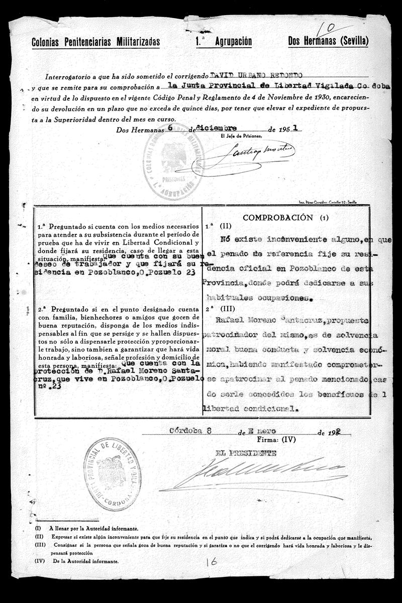 Expediente de Penados de la Cárcel del Puerto de Santa María correspondiente al preso David Urbano Redondo. Archivo Histórico Provincial de Cádiz. Signatura nº 24450/1. Fecha: 1949