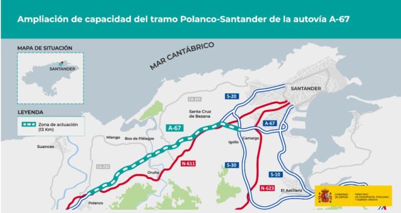 Transports adjudica per 173 milions d'euros les obres per a ampliar a tres carrils l'autovia A-67 entre Polanco i Santander