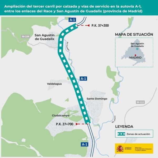 Mitma licita per 4,3 milions d'euros la redacció del projecte d'ampliació a tres carrils de la A-1, entre l'enllaç del RACE i Sant Agustí de Guadalix