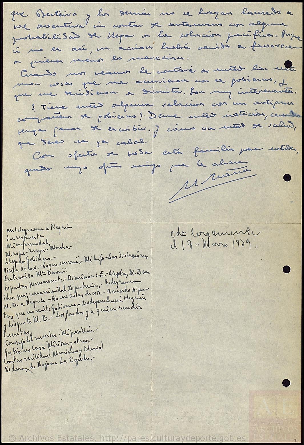Carta de Manuel Azaña a José Giral Carta de Manuel Azaña a José Giral